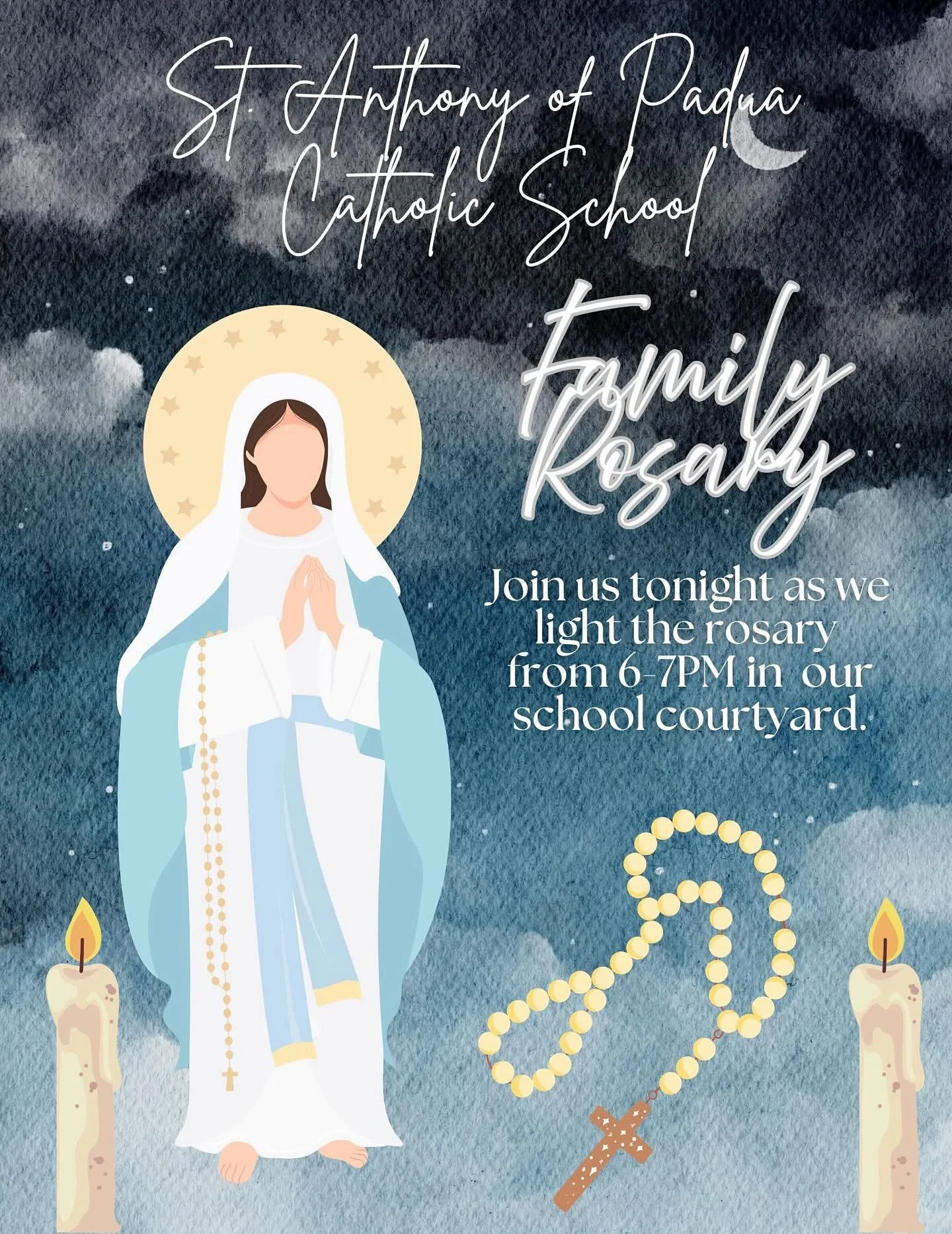 We invite you to join us this evening from 6:00&ndash;7:00 PM for our Family Rosary Night. This is a wonderful opportunity for our community to come together in prayer and reflection. 

Since the rosary will take place outdoors, we kindly ask that yo