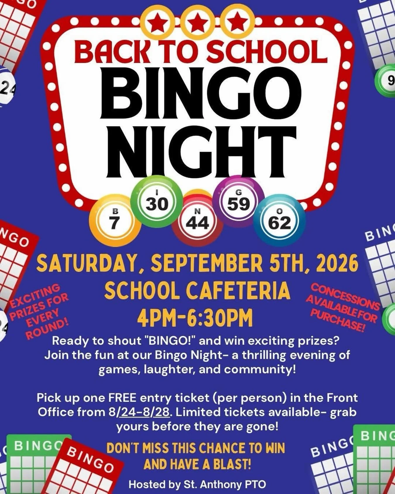 🎉🎲 BINGO NIGHT! 🎲🎉

Get ready for an evening of BINGO, prizes, laughter, and family fun! 💚💛

📅 Saturday, September 5th
⏰ 4:00&ndash;6:30 PM
📍 St. Anthony School Cafeteria

🎟️ FREE ENTRY! Pick up your ticket (one per person) in the Front Offi