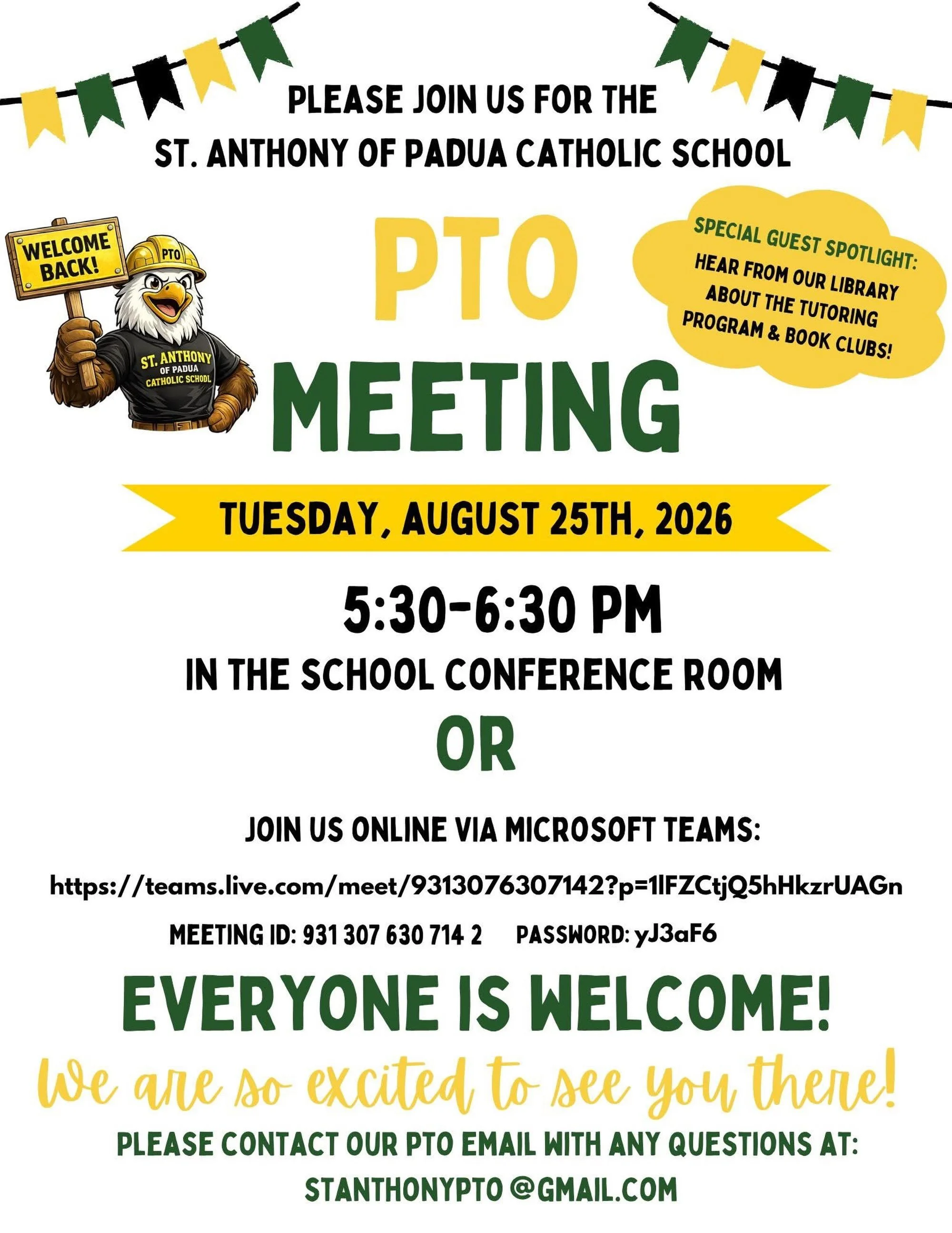 📣 Parents, your voice matters! 💚💛

Join us for our PTO Meeting TOMORROW! Come hear what&rsquo;s happening at St. Anthony, share your ideas, ask questions, and help make a difference for our students and school community. 🦅

Everyone is welcome &m