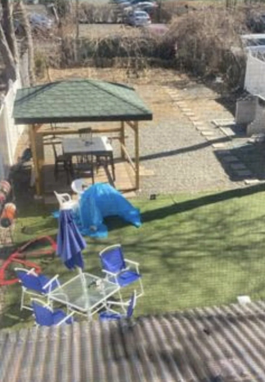 Full before photo of a backyard redesign. This space was like a desert, uninviting and completely empty. So much clean-up performed. Done in Wayne, NJ.