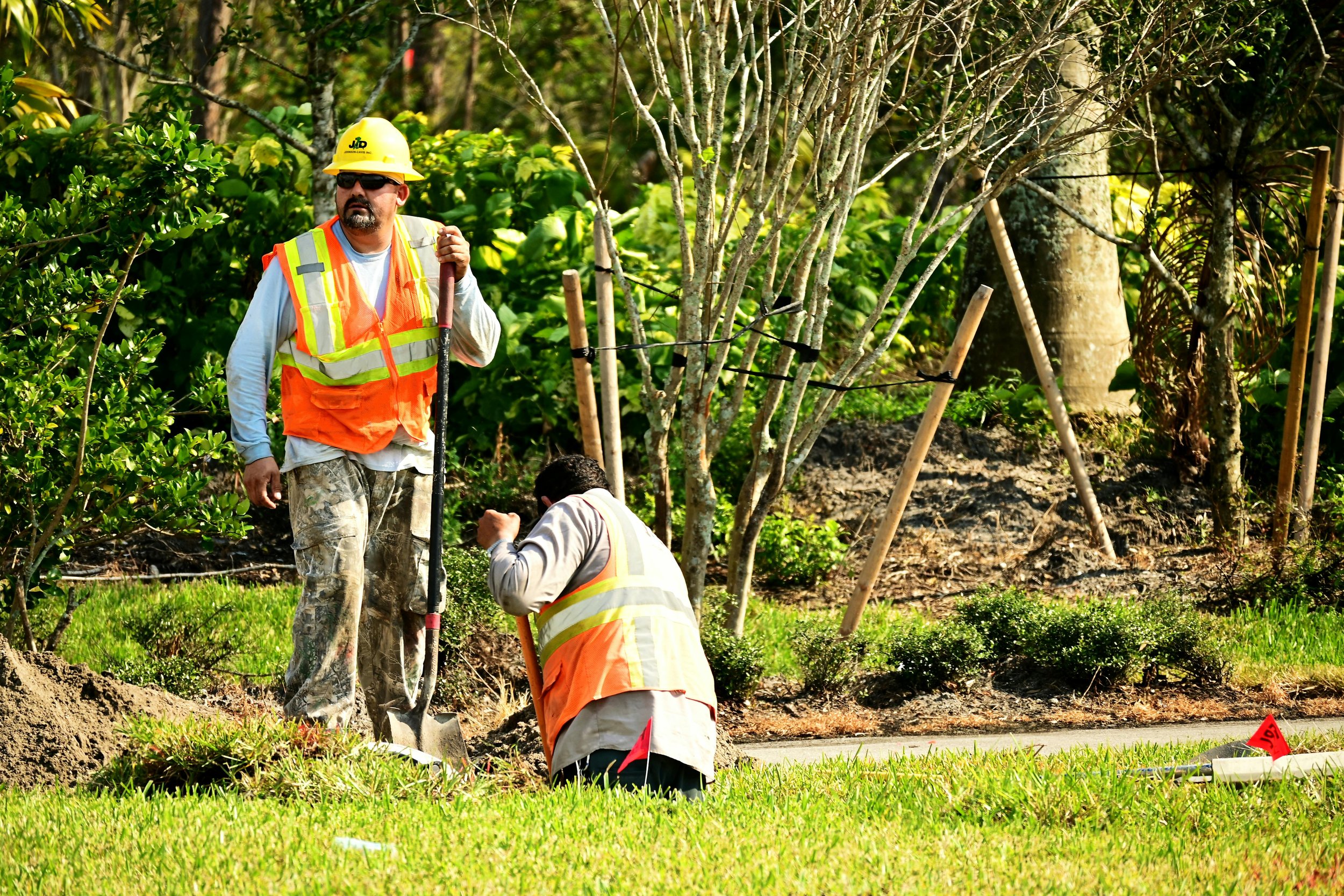 Two workers in safety vests and helmets planting or trimming young trees in a landscaped area with lush greenery.