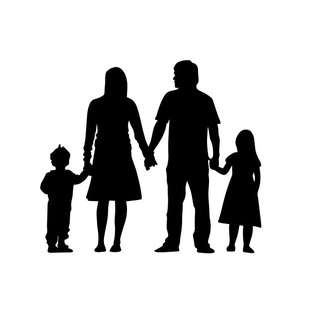 Silhouette of a family holding hands, including two adults and two children, on a white background.