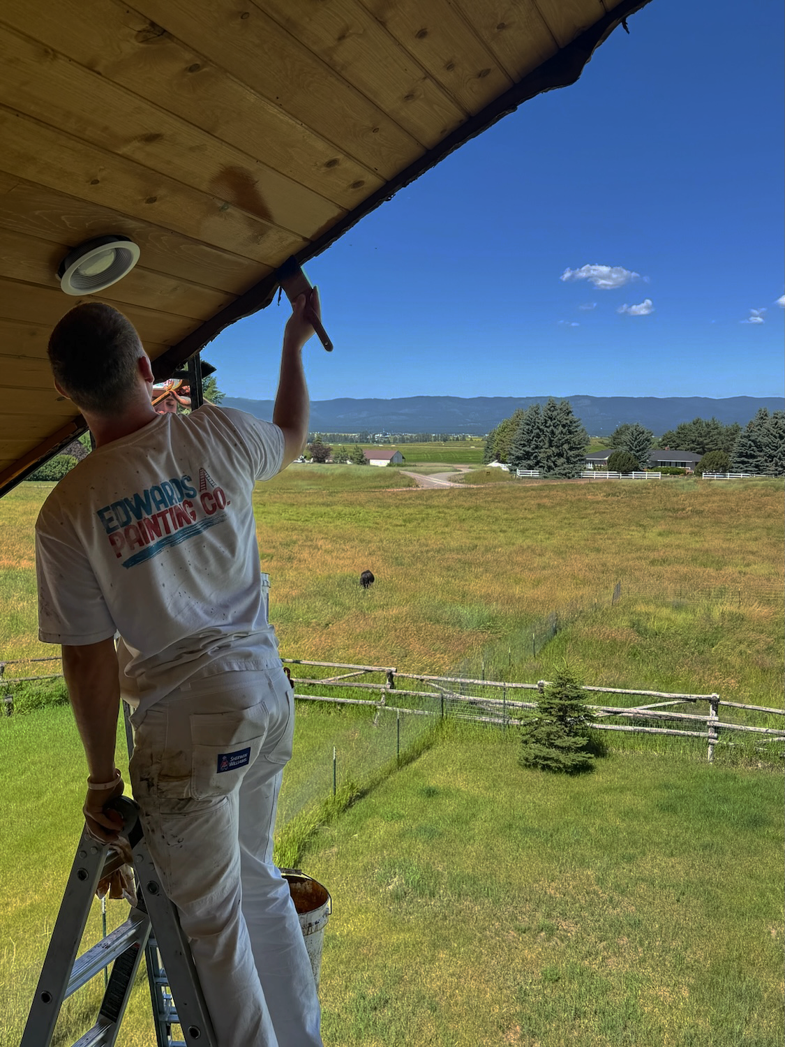team member staining deck standing on ladder overlooking mountain view in Flathead Valley Montana