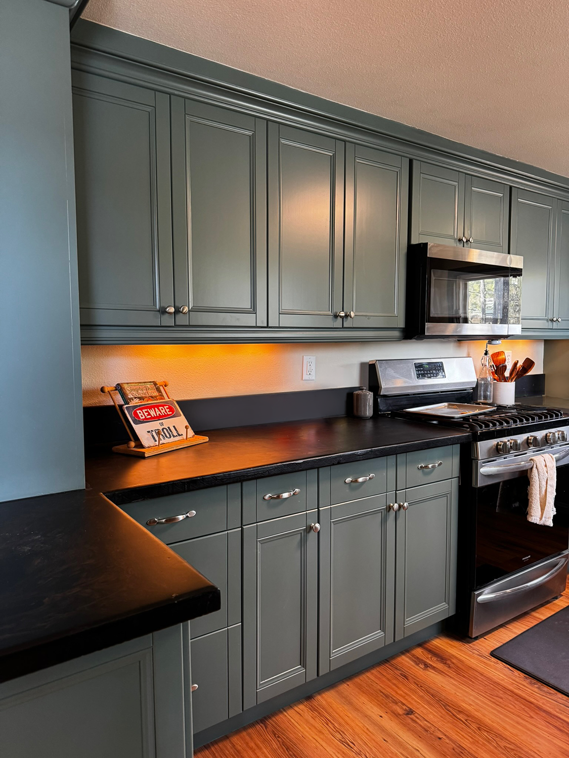Kitchen cabinets freshly painted green