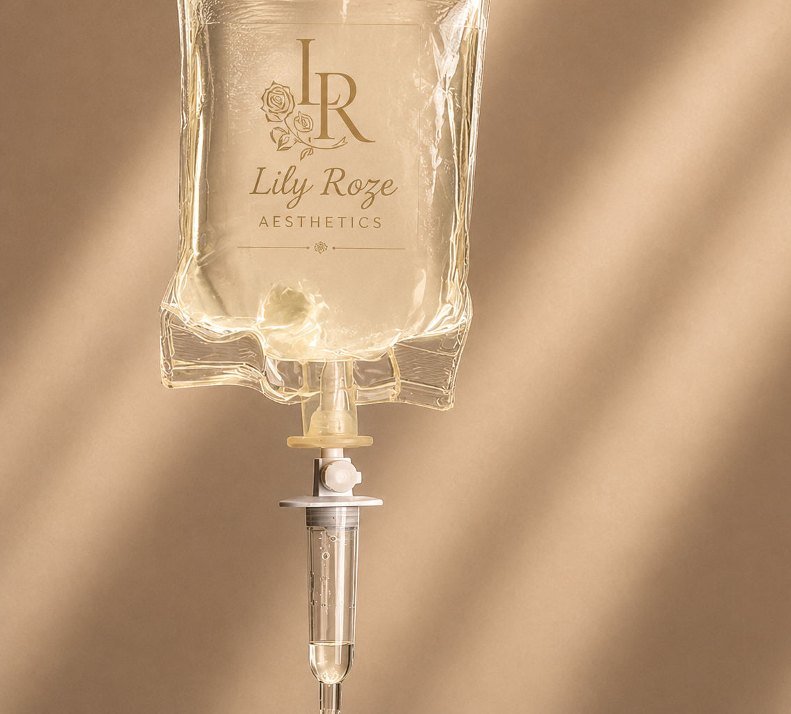 IV bag labeled Lily Roze Aesthetics hanging against a neutral background.