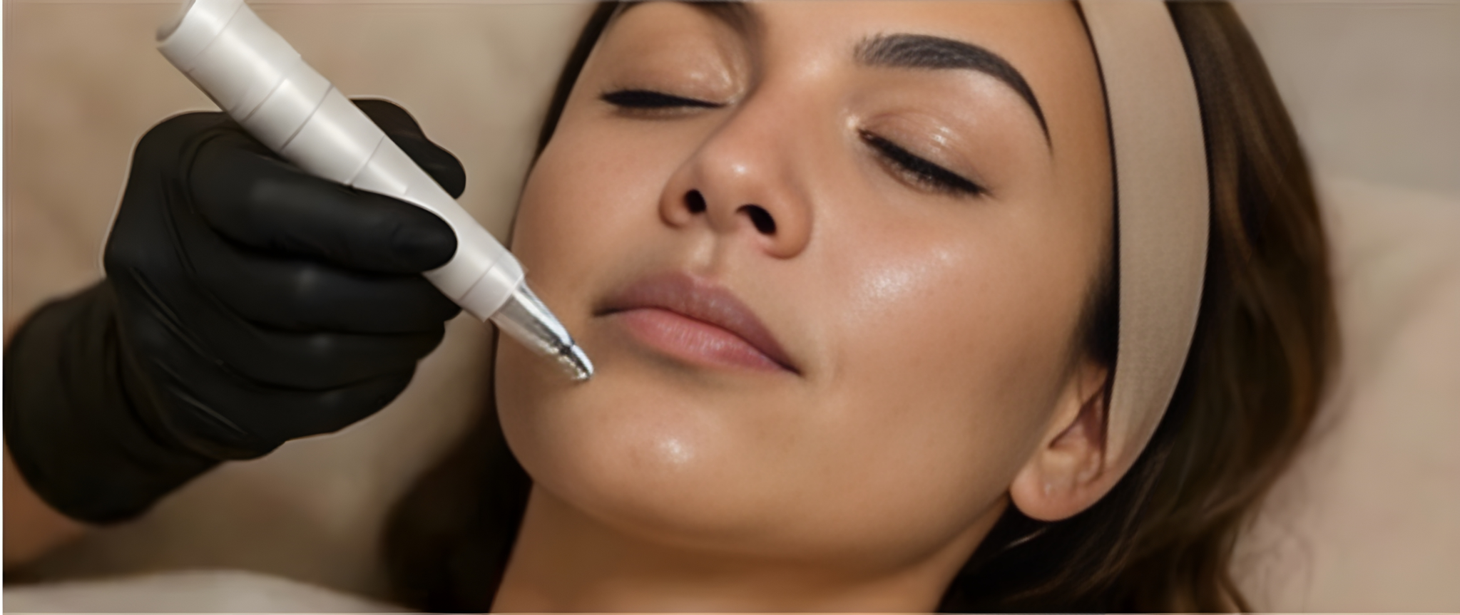 A woman with a neutral expression receives a cosmetic treatment on her face using a pen-like device, done by a professional wearing black gloves.