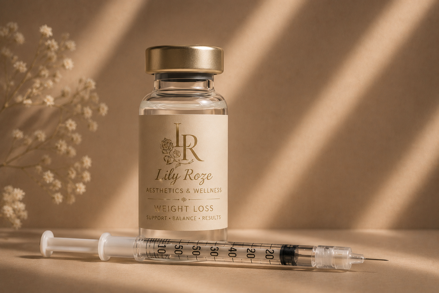 A bottle labeled 'Lily Roze Aesthetics & Wellness Weight Loss' alongside a syringe, with soft beige background and floral decorative elements.