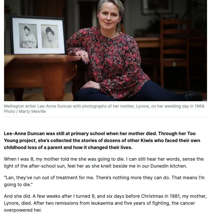 The NZ Herald has super kindly taken my story from the previous weekend out from behind the paywall, in support of a good cause! Link to the story in my bio - and if you haven't visited the Too Young website, please do!

#grief #childhoodbereavement 