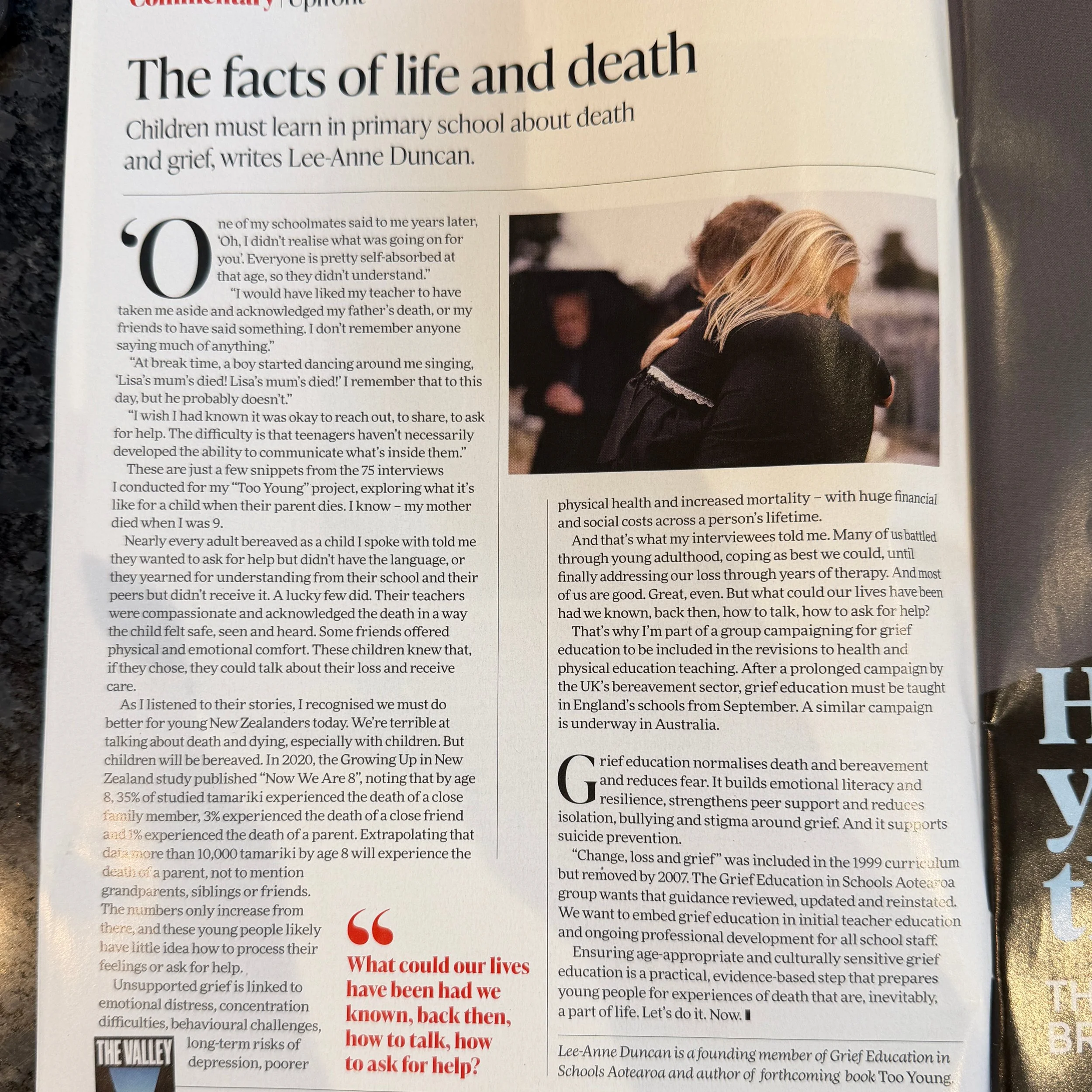 First media spot accomplished! Thank you to The Listener for allowing me to be 'upfront' about the need for mandatory grief education in schools. Next step, a petition, me thinks. Who's up for signing? Please like and repost if that's you!

#griefedu