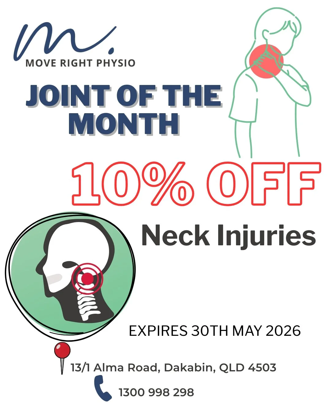 Are you suffering from Neck Pain? Book your appointment this May and receive 10% off all Neck Related Physiotherapy. **Offer Ends - 30th of May #moverightphysio #physiotherapy #moretonbay