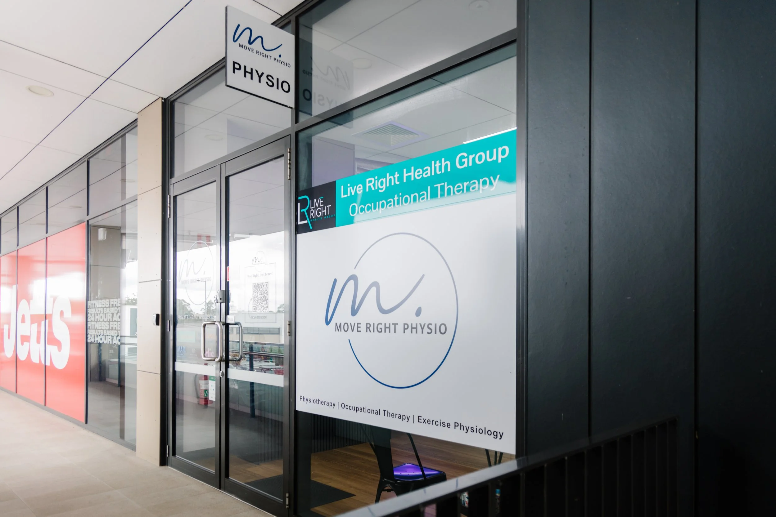 Move Right Physio and Live Right Health Group entrance signage at the Dakabin clinic