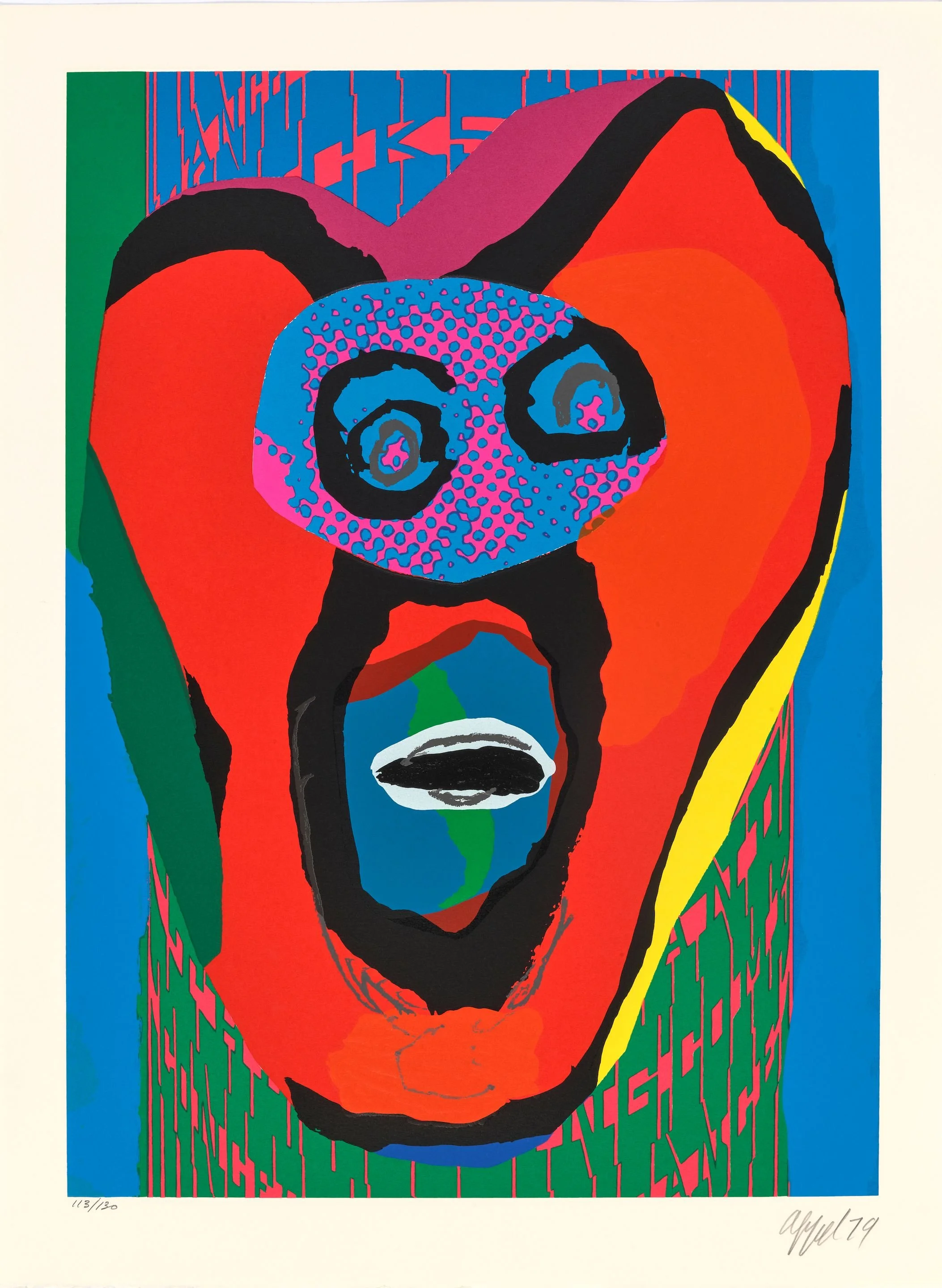 Karel Appel.
"The Falling Face" Bedized Pudding Canadian Suite, 1979
embossed mixed media on paper 78/130
25.5" x 35"