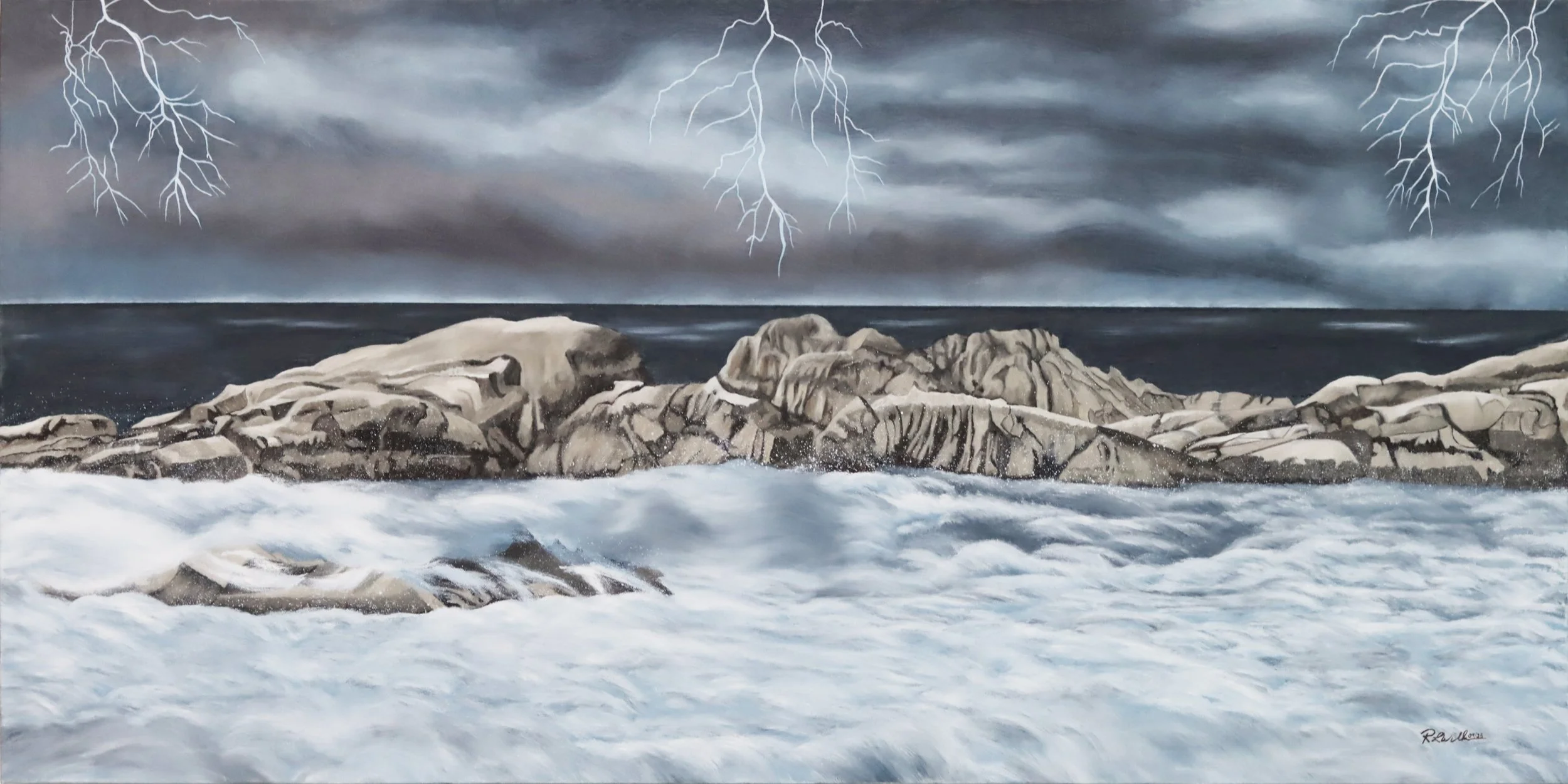 Ron Wilkie.
Gitche Gumee's Revenge, 2025
oil on canvas
48" x 24" 
$3,200