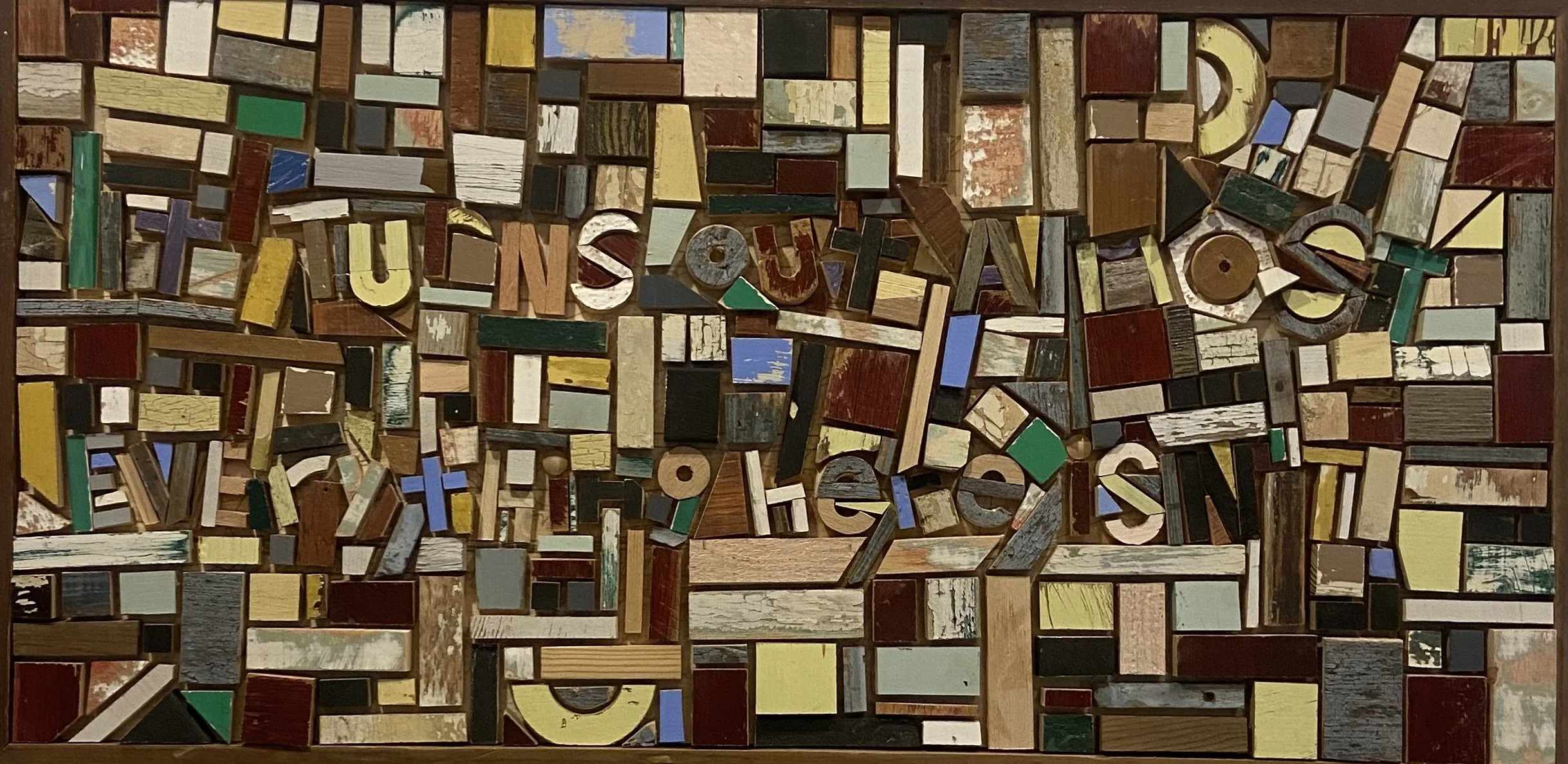 Robert Royal.
Casualties of the Information Age, 2026
reclaimed wood
17" x 33" 
$700