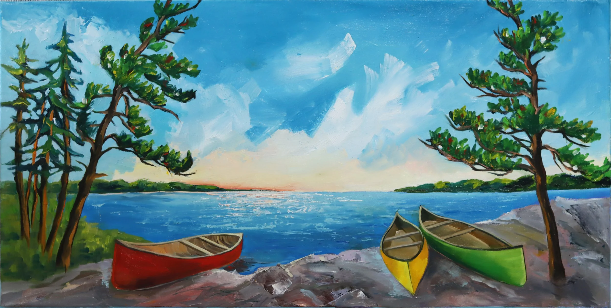 Jill Sapiente.
Three Canoes, 2026
oil on canvas
30" x 15"
$725