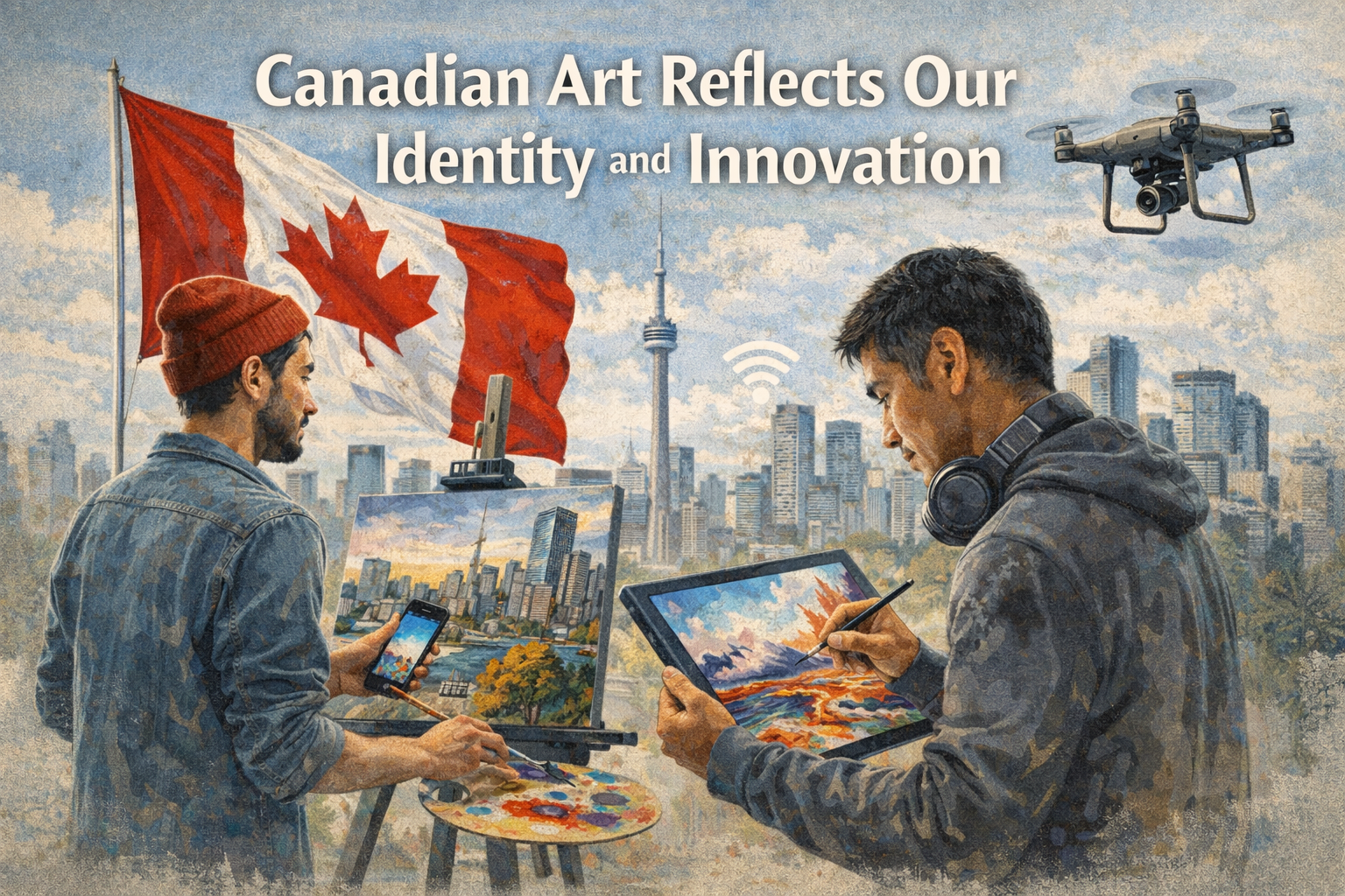 AI image of two young artists making art in front of a backdrop of the Toronto landscape