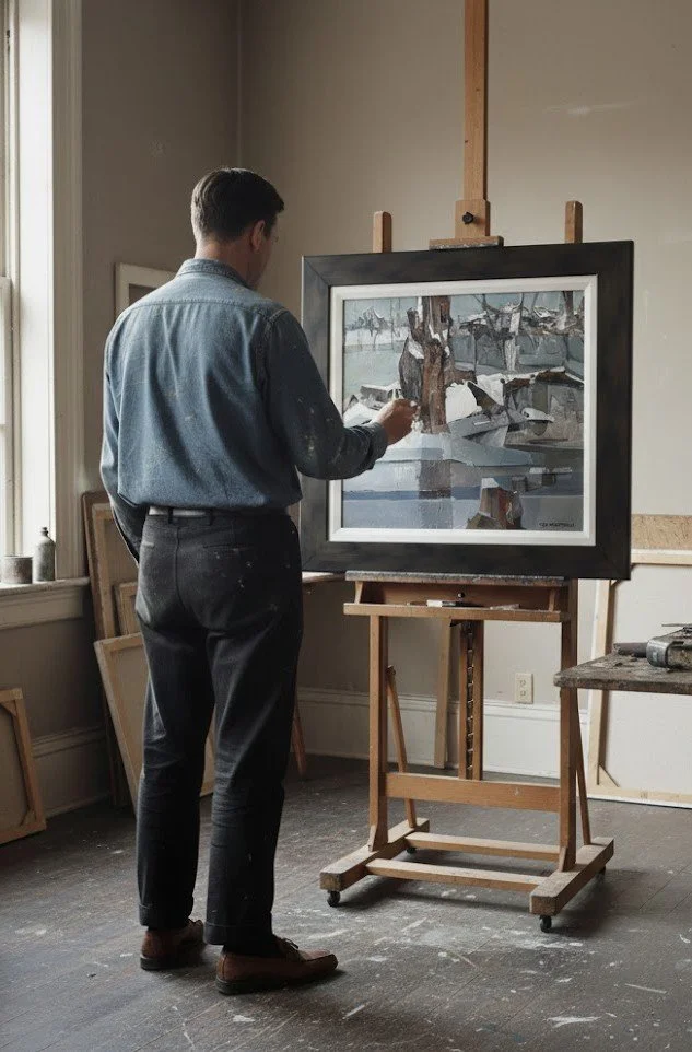 Artistic rendering of artist in his studio painting a Landscape. Painting on easel is by Canadian Regional artist Tom Mathews