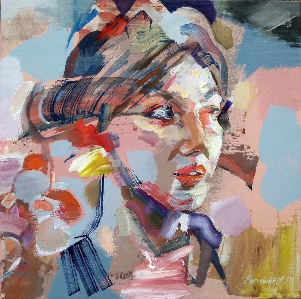 Discover Peach Woman (2017) by Canadian artist Geoff Farnsworth. This 12"x12" oil on canvas merges figurative portraiture with lyrical abstraction, showcasing vibrant brushwork, colour, and emotional depth. Available for collectors at $800.