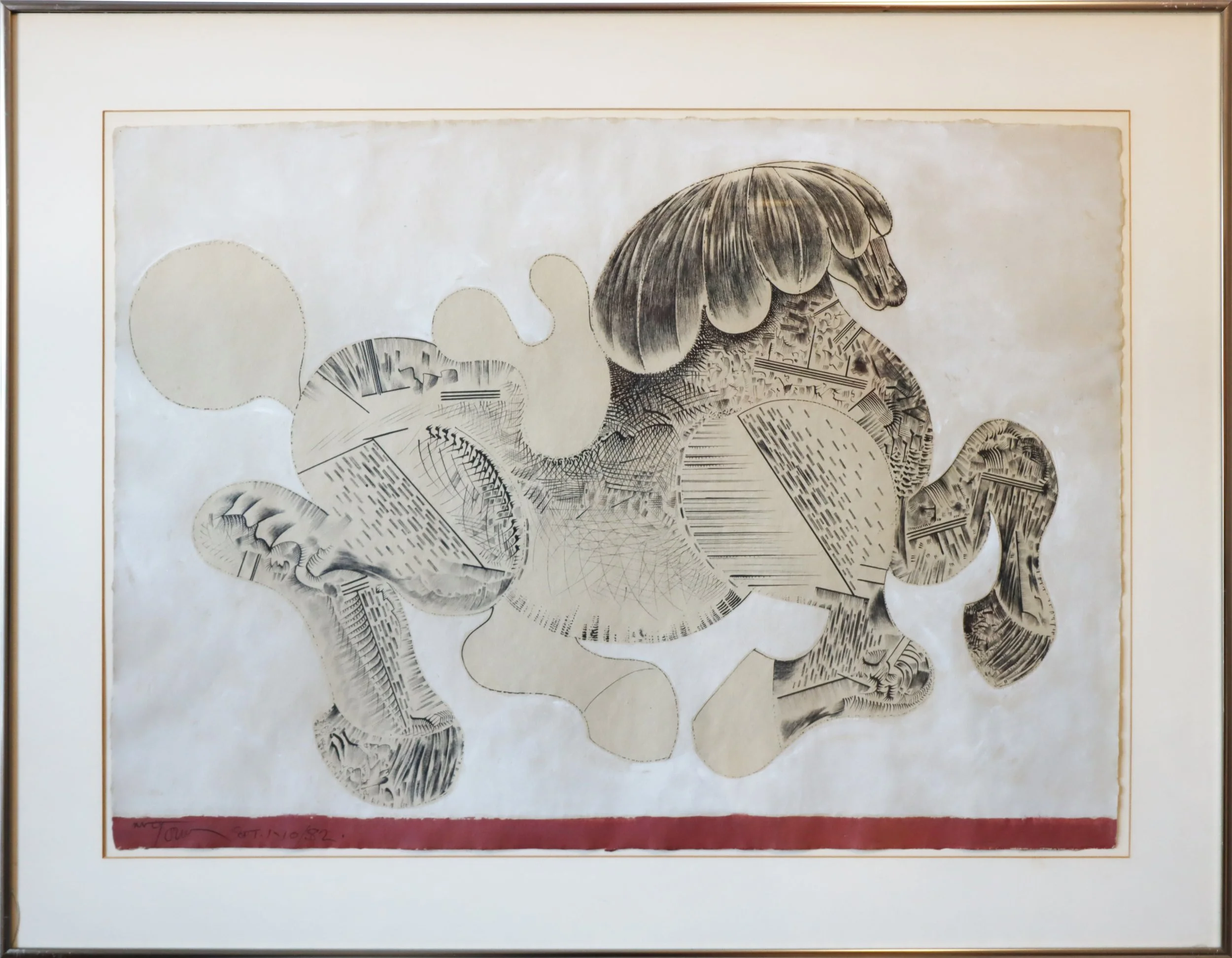 Painting by Harold Town titled Toy Horse #265 (1982), created with pen, ink, acrylic, and barcham green on De Witt paper; signed and dated lower left, framed, measuring 22 1/8 by 30 1/2 inches.