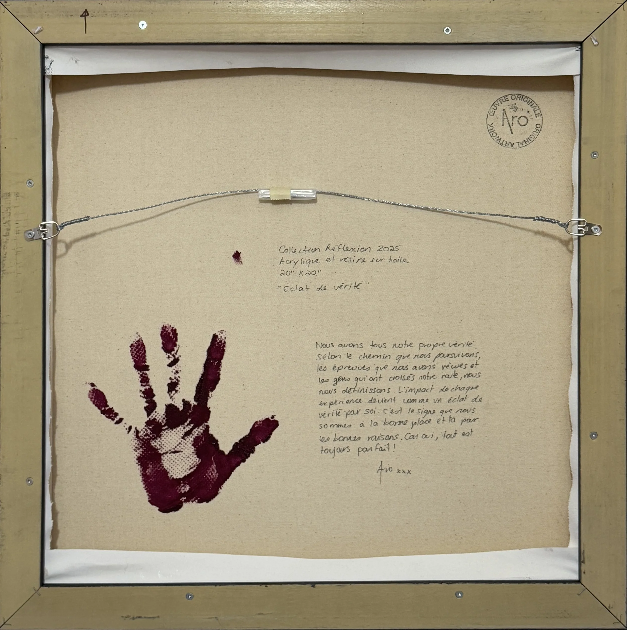 The back image of Canadian Abstract artist ARO's painting Éclats de vérité (Shards of Truth), 2025 acrylic, resin on canvas measuring 20" x 20"