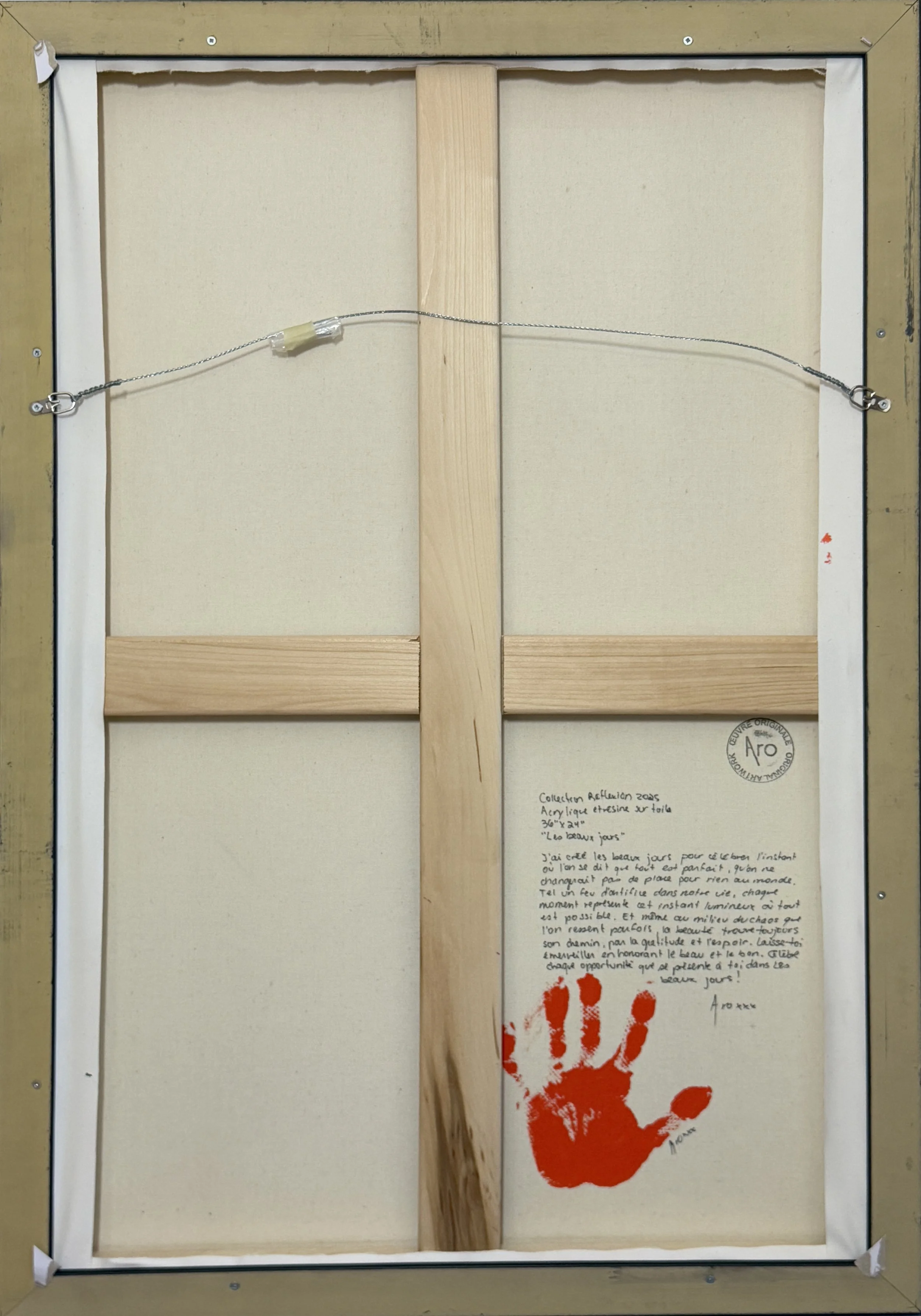 Back image of Canadian Abstract artist ARO's painting Les Beaux Jour (A Beautiful Day), 2025 acrylic, resin on canvas 36" x 24"