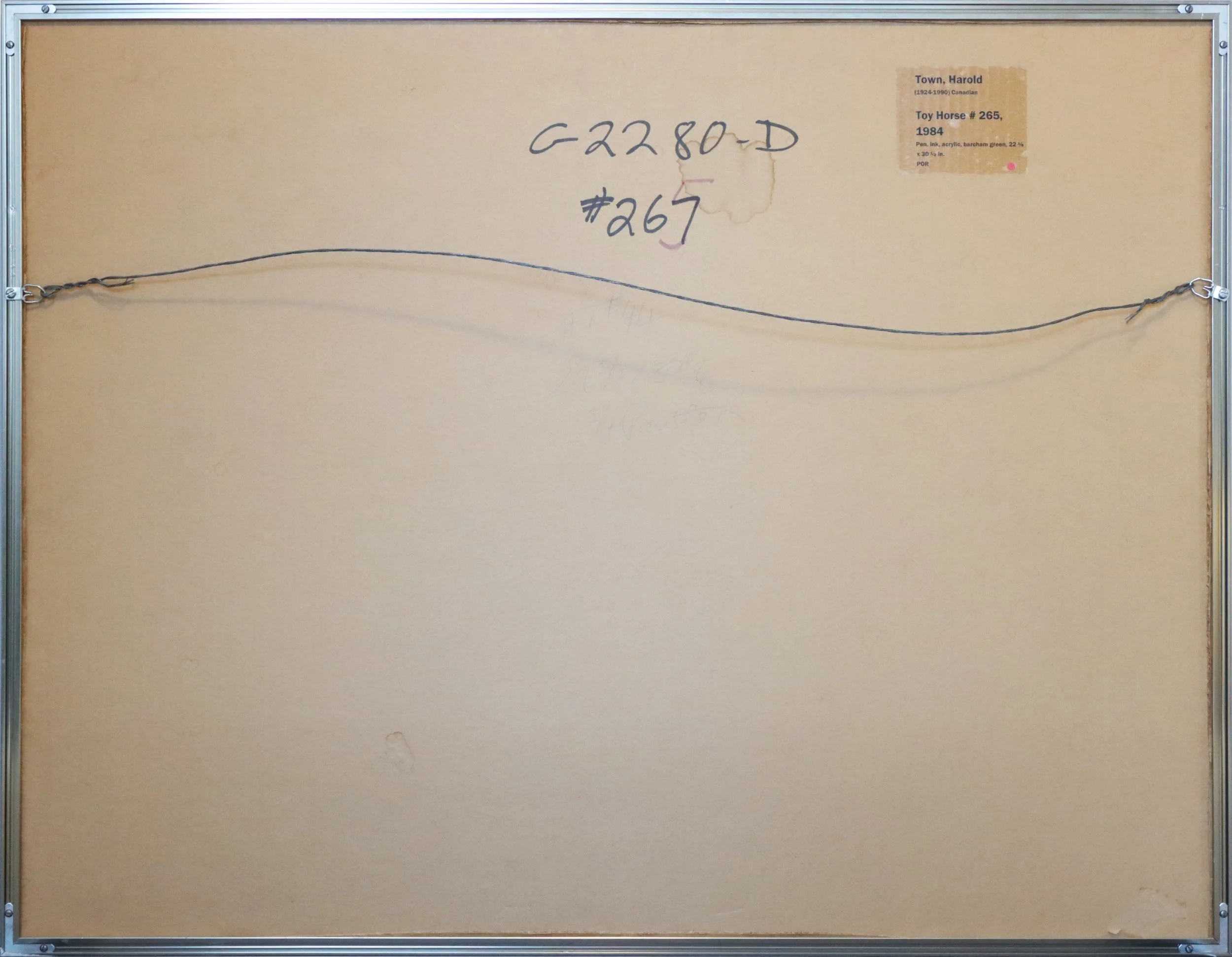 the back of Painting by Harold Town titled Toy Horse #265 (1982), created with pen, ink, acrylic, and barcham green on De Witt paper; signed and dated lower left, framed, measuring 22 1/8 by 30 1/2 inches.