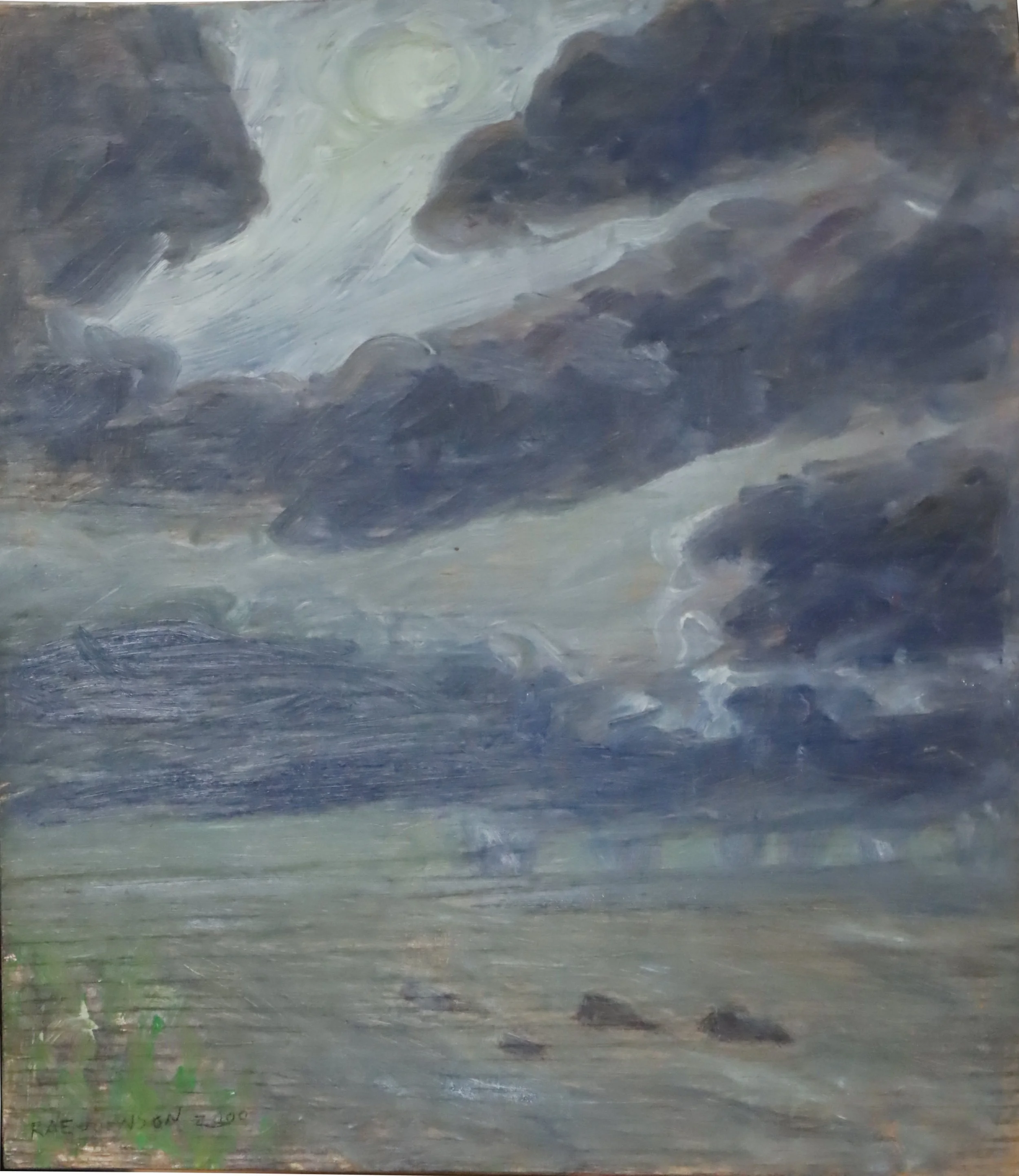 Rae Johnson.
Storm Chutes over L. Winnipeg with sun clearing G Beach, 200
oil on board
12" x 14"