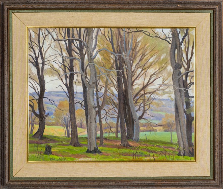 Fred Haines.
Edge of the Valley, 1952
oil on board
16" x 20"