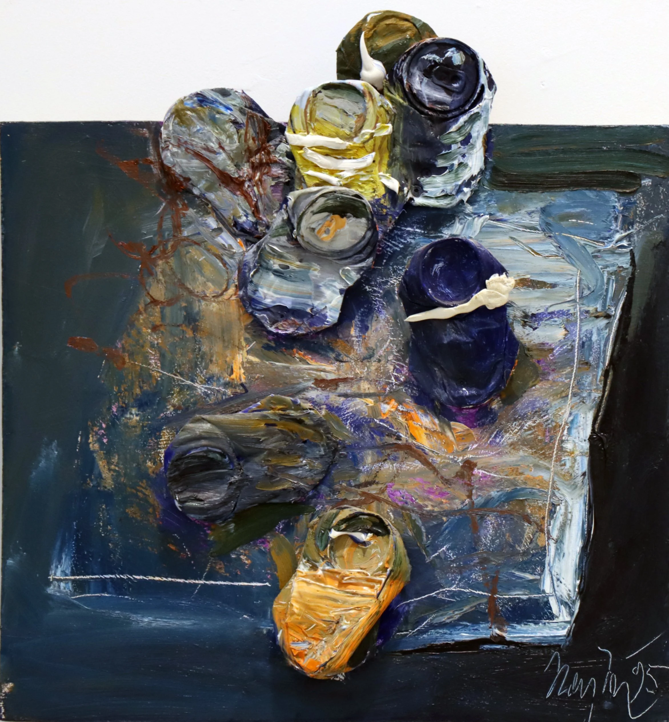 A mixed media sculptural artwork by Canadian Abstract Artist Gordon Rayner  (1935-2010) Pub Table #2, 1995 21" x 20" x 3"