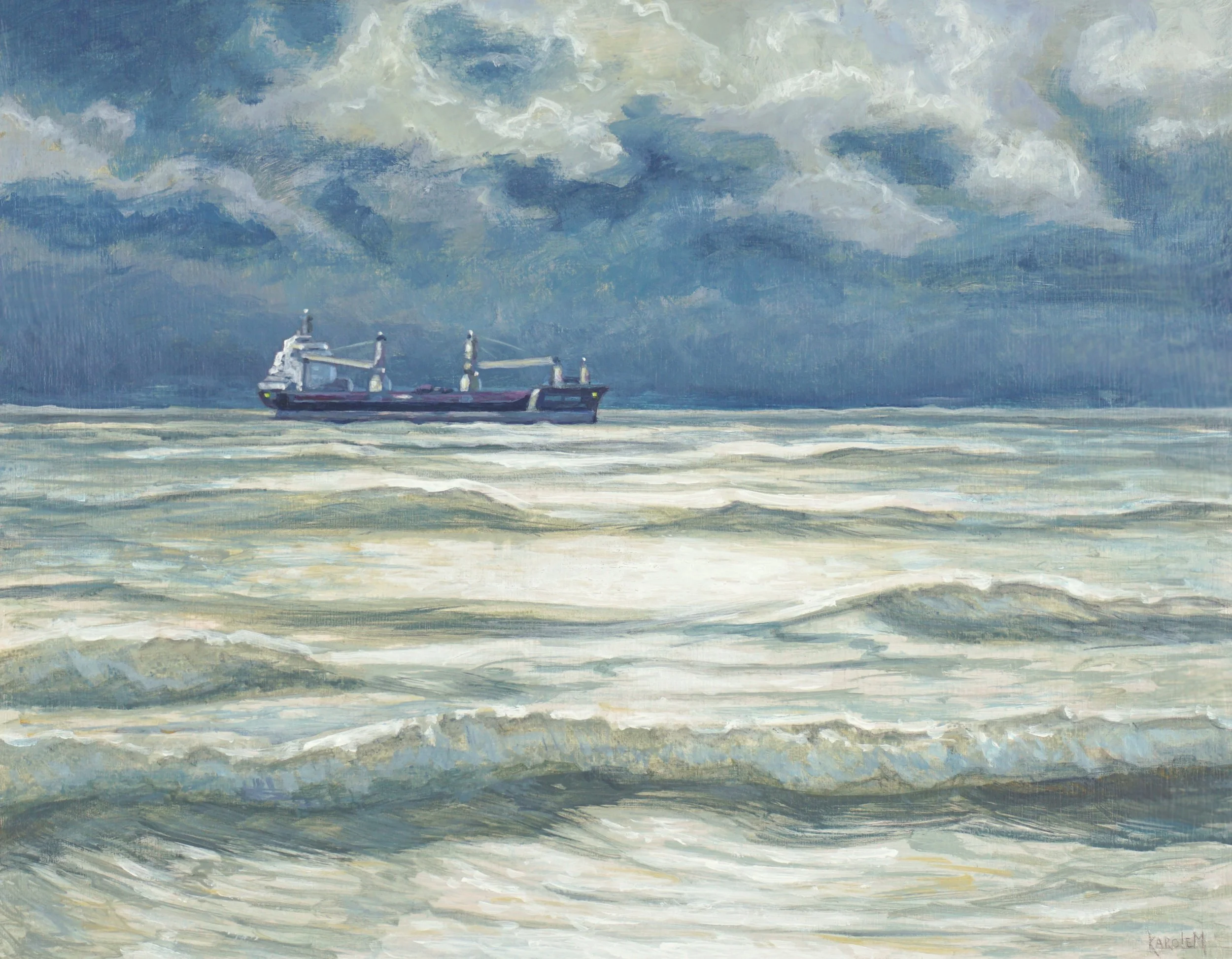 Karole Marois. 
Freighter, 2026
acrylic on birch panel
11" x 14"
$650