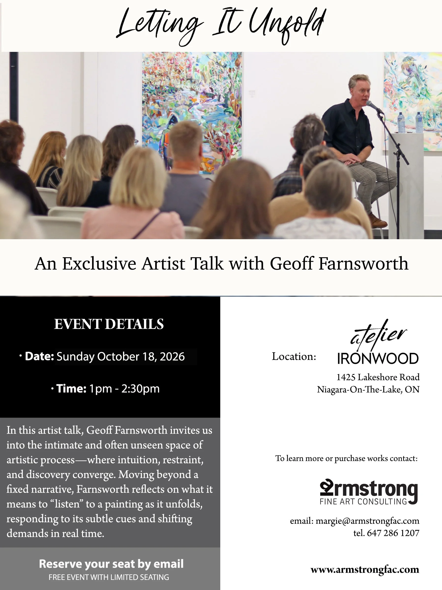 Flyer for Geoff Farnsworth Artist Talk at Atelier on Sunday, Oct. 18, 2026