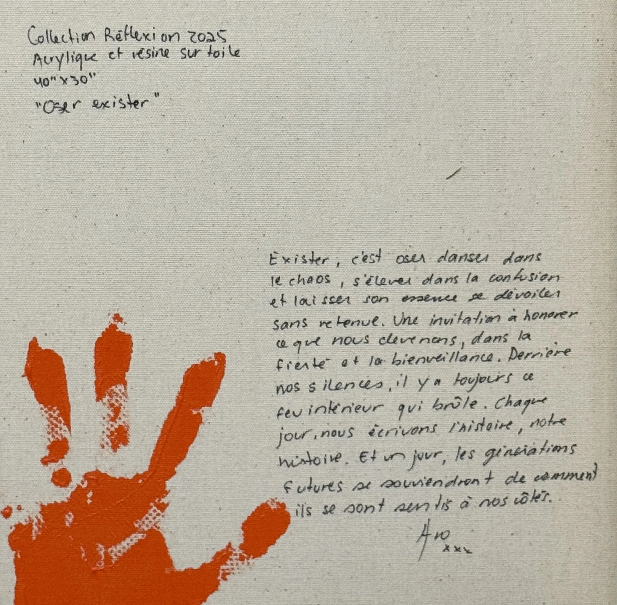 Back shot of Canadian Abstract artist Aro's painting, a close up of the writing of her painting Oser Exister (Dare to Exist), 2025 acrylic, resin on canvas 40" x 30"