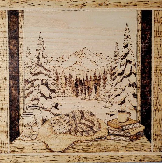 Jadyn Deming. 
December Embers, 2026
pyrography on wood
12" x 12" 
$250