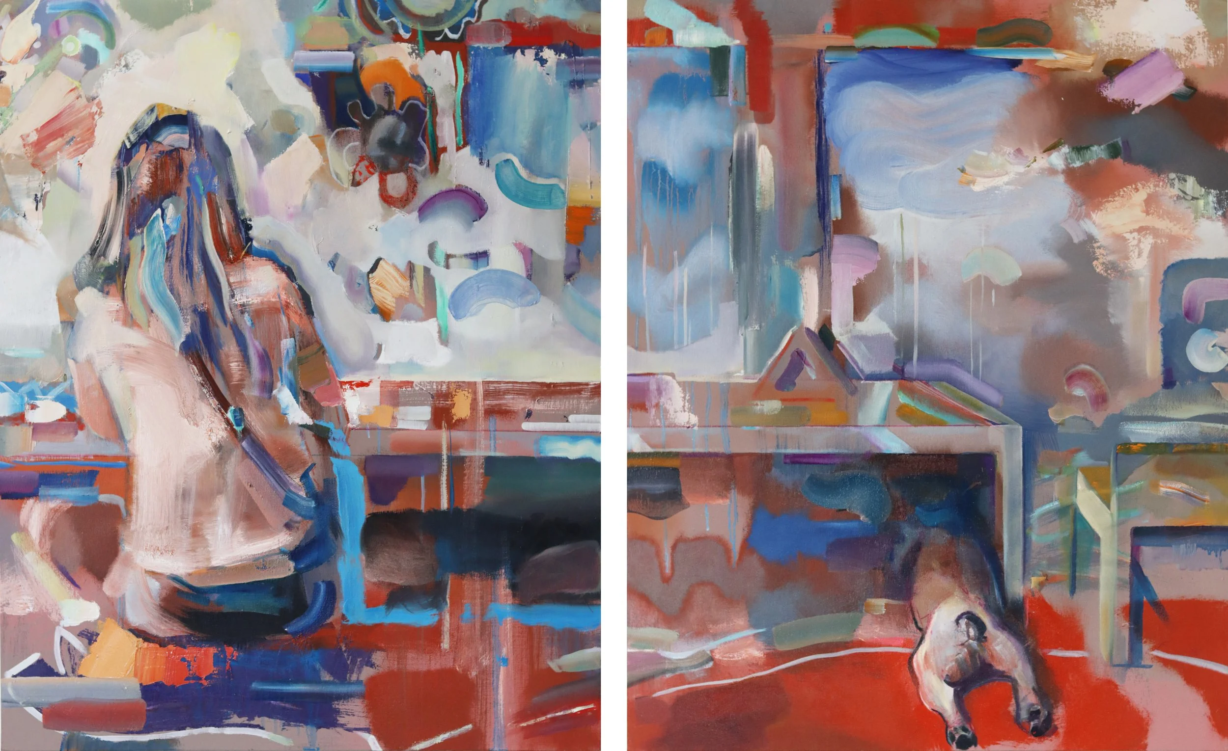 Geoff Farnsworth
Woman and Dog in a Stockholm Noodle Shop, 2020
oil on panel
30" x 48" (total) Diptych 
$3,900