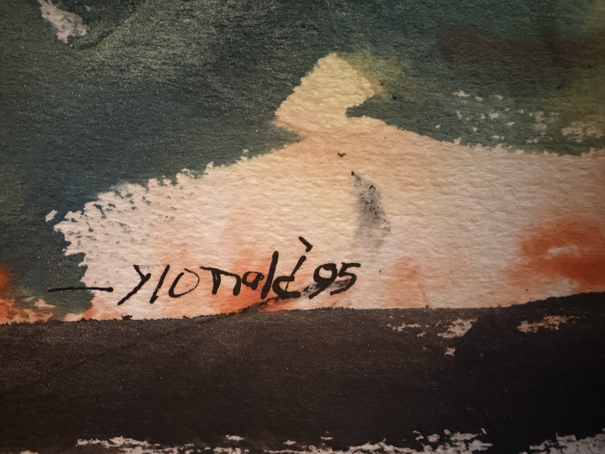 Close up of William Ronald's signature on a 1995 Watercolour measuring 17.75" x 23.75"