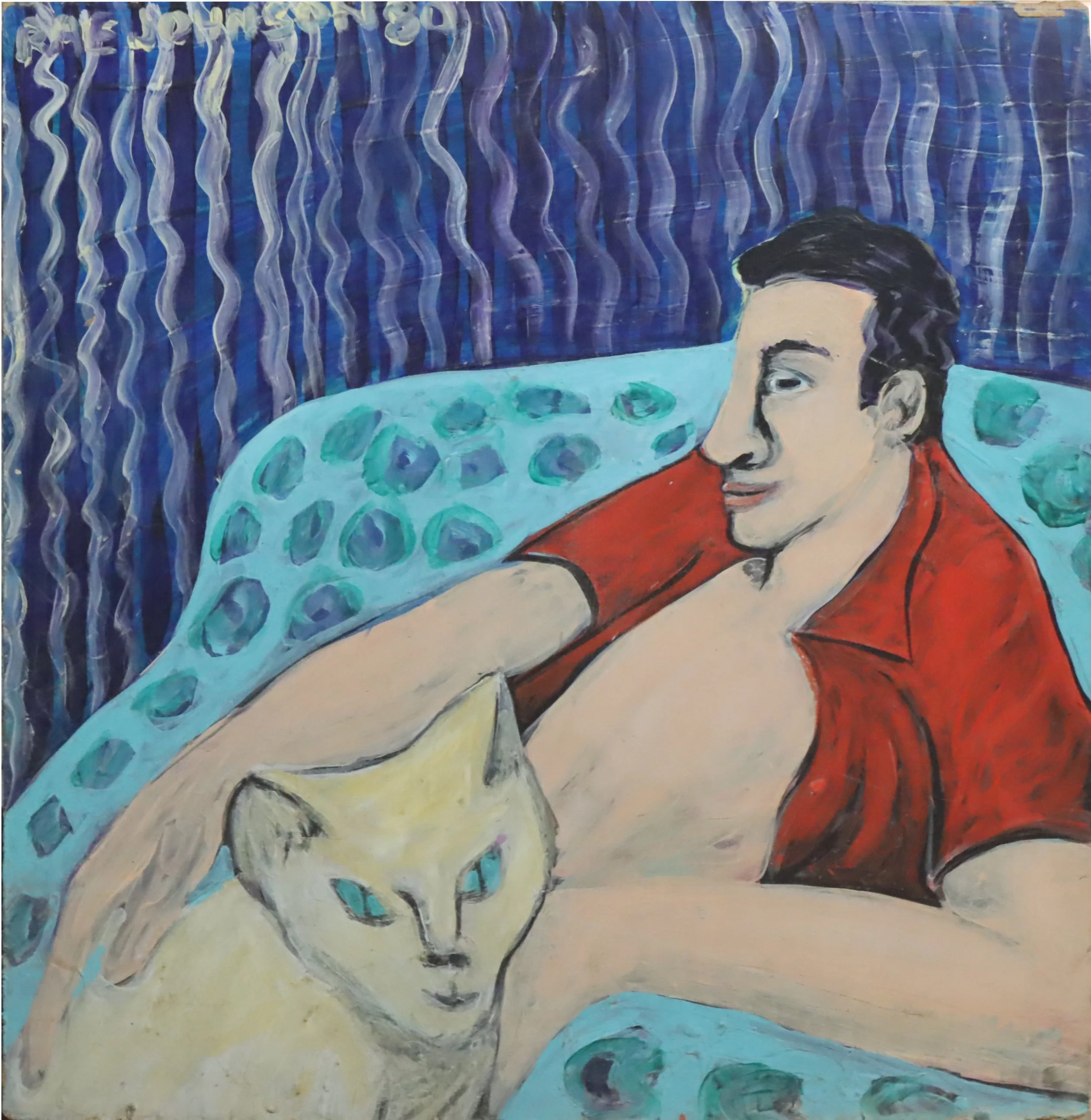Rae Johnson.
Lorne Wagman and White Cat, 1980
oil on board
22" x 23"