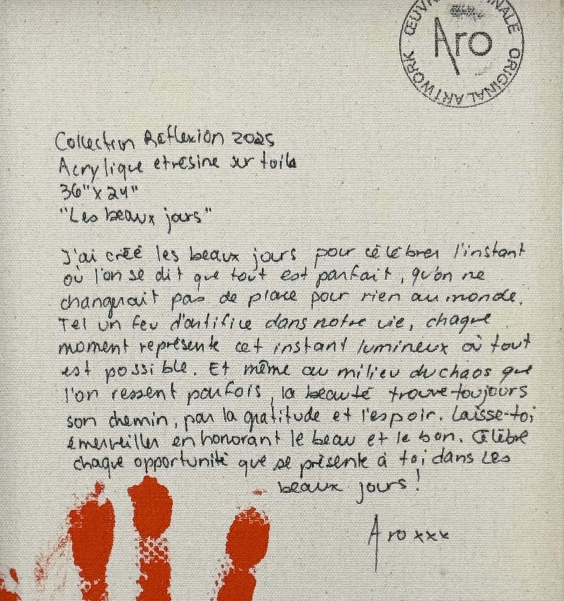 Close up of Canadian Abstract artist ARO's writing on her painting Les Beaux Jour (A Beautiful Day), 2025 acrylic, resin on canvas measuring 36" x 24"