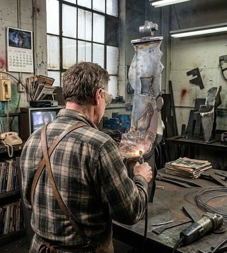 AI image of an artist in his studio working on a metal sculpture.