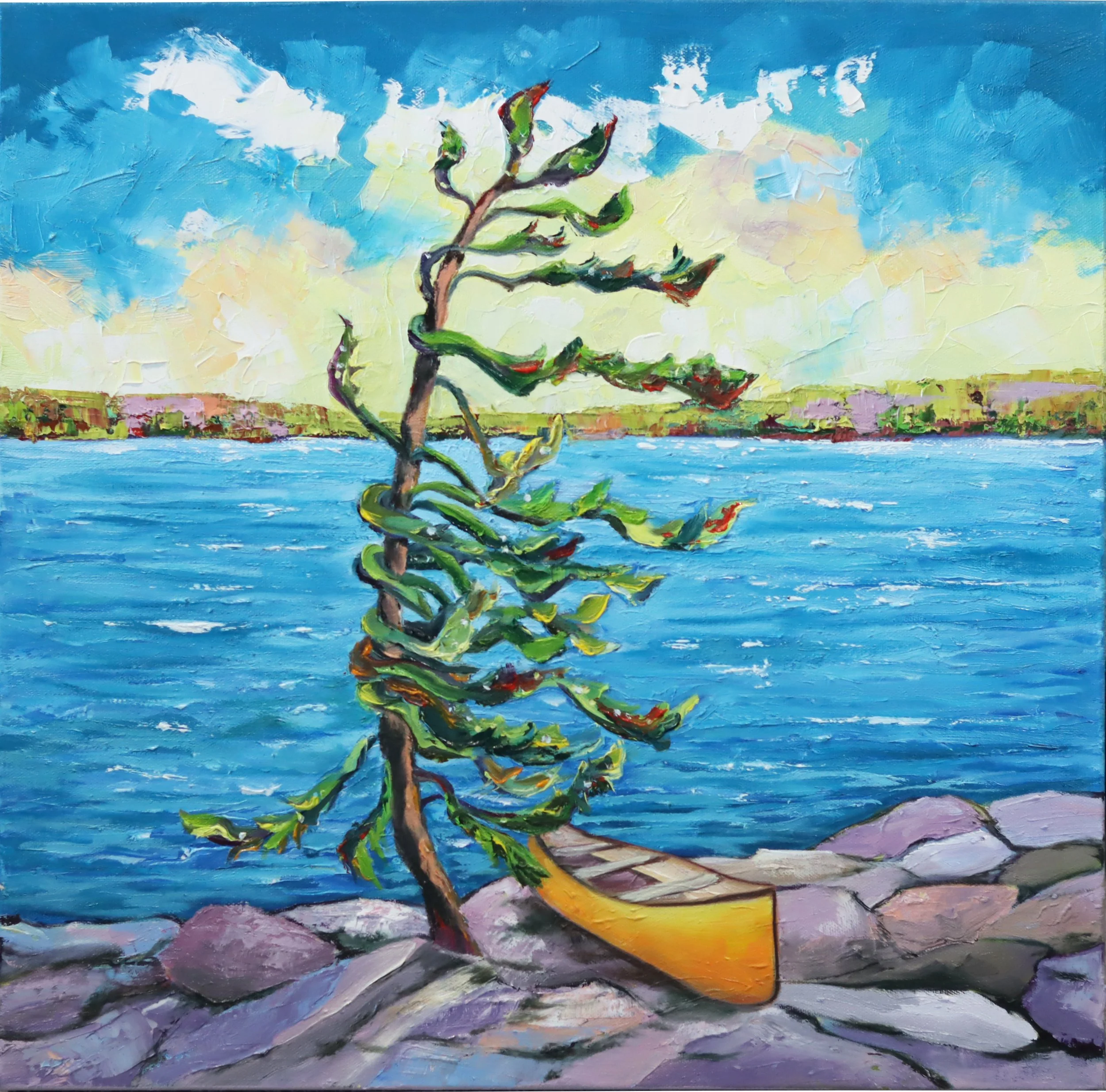 Jill Sapiente.
Lone Pine & Canoe, 2025
oil on canvas
20" x 20"
$600