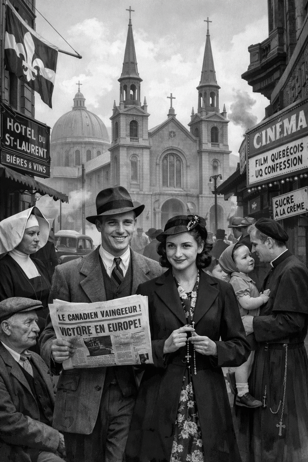 AI generated image of Quebec in 1940s demonstrating fashion and attitudes