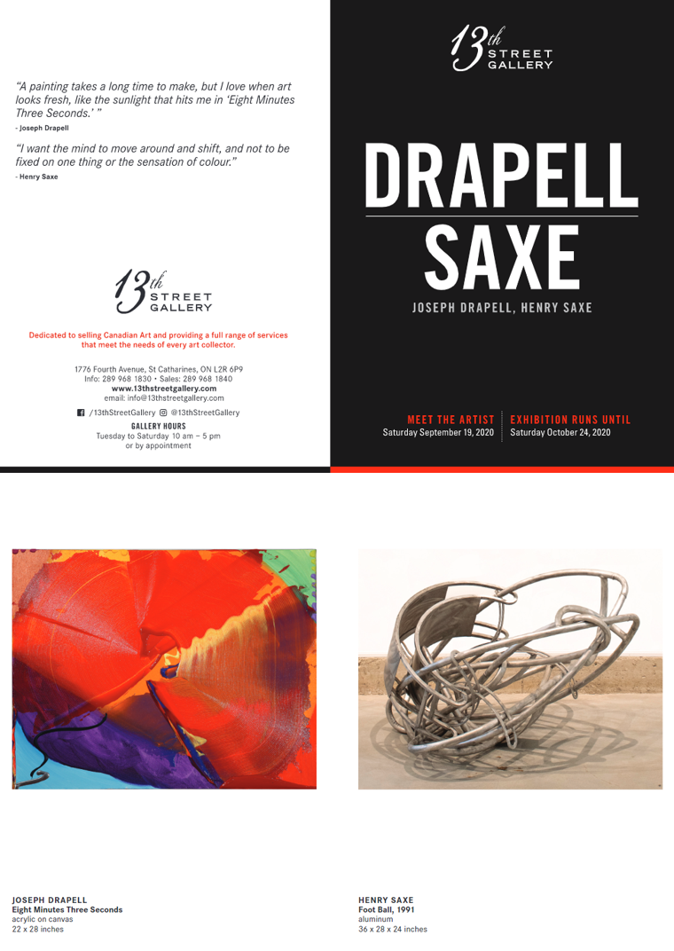 Exhibition invite of Drapell/Saxe Exhibition at John Mann Gallery Sept. 19 - Oct. 24, 2020