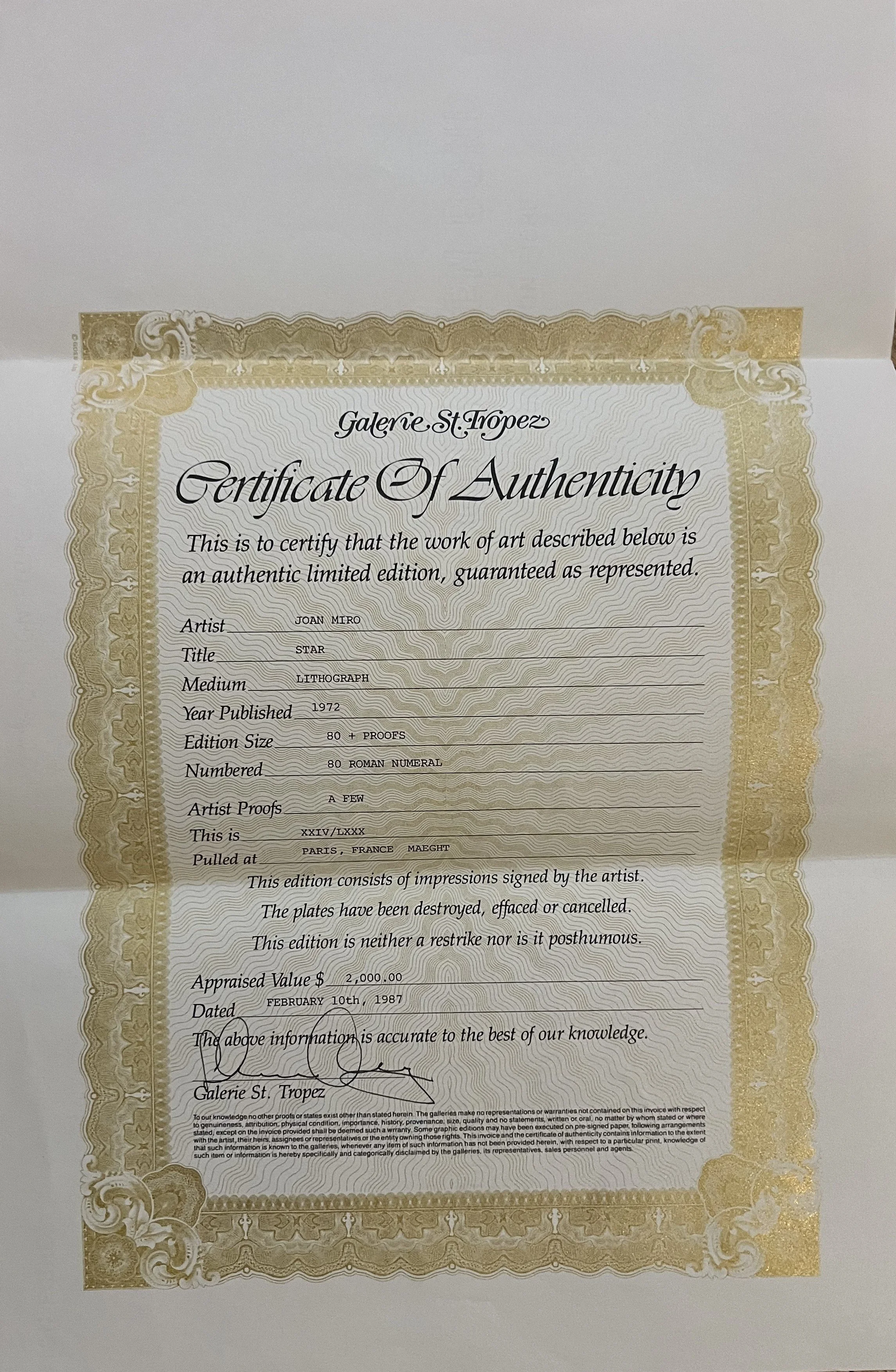 Letter of Authenticity for Joan Miró (1893–1983) Star, 1972 Lithograph XXIV/LXXXS 24” x 22”