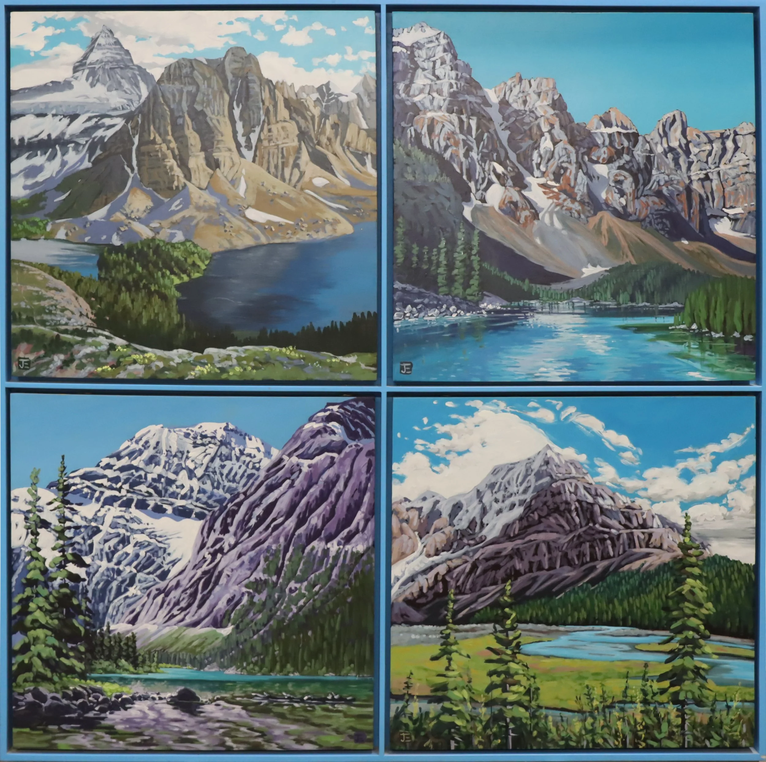 Jennifer Elliotson
1. Mount Assiniboine, 2025
2. Moraine Lake, 2025
3. Mount Edith Cavell, 2025
4. Mount Robson, 2025
acrylic on canvas
24" x 24" each