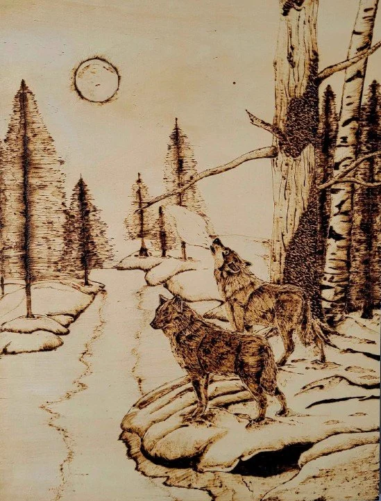 Jadyn Deming.
Moon Mates, 2020
pyrography on wood
12" x 16" 
$300