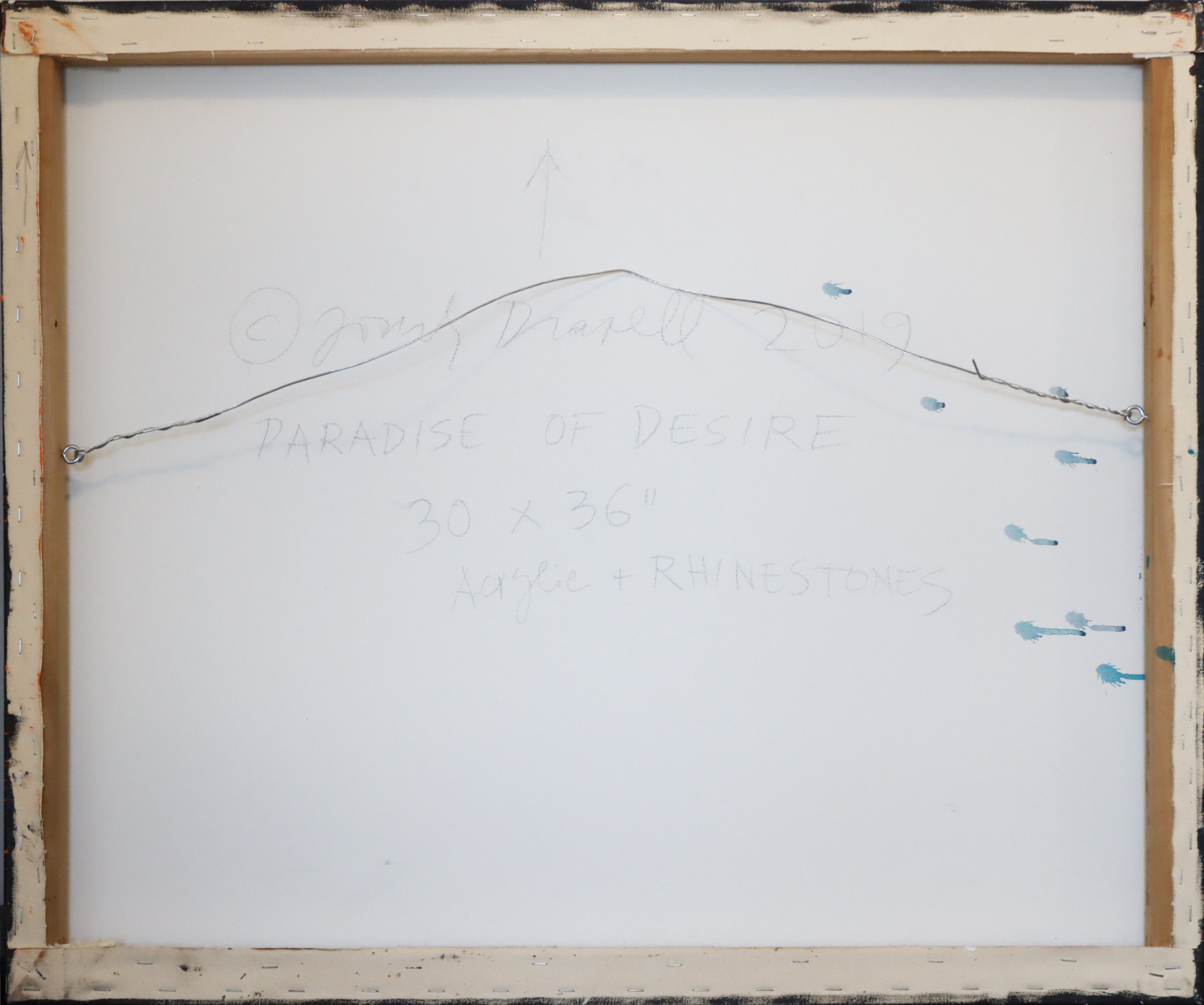 Canadian Abstract artist Joseph Drapell. Paradise of Desire, 2019 acrylic, rhinestones on canvas 30" x 36" back of the painting