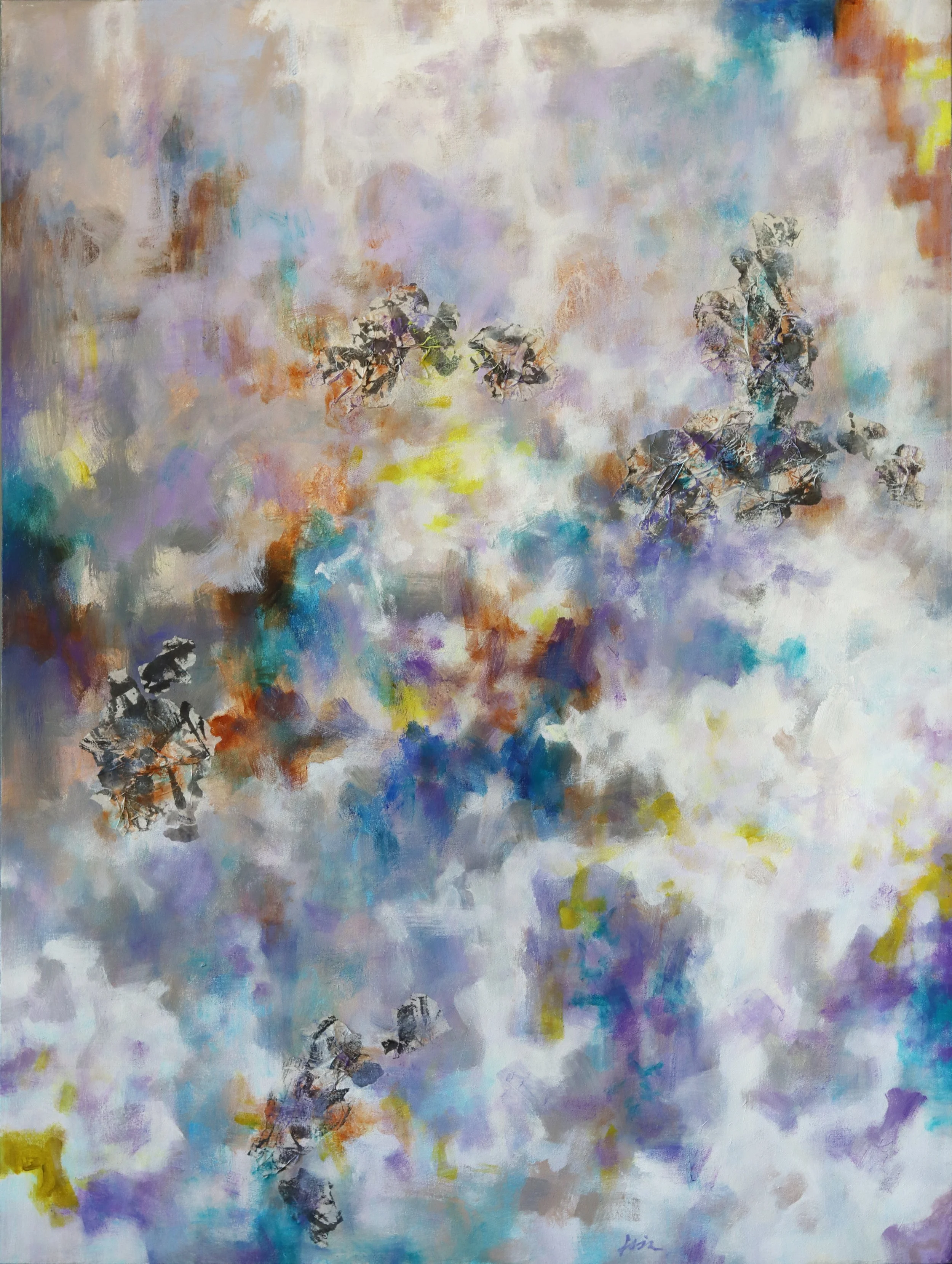 Simon Zhang.
Northern Stars #1, 2021
acrylic, ink and rice-paper on canvas
48" x 36"
$2,800