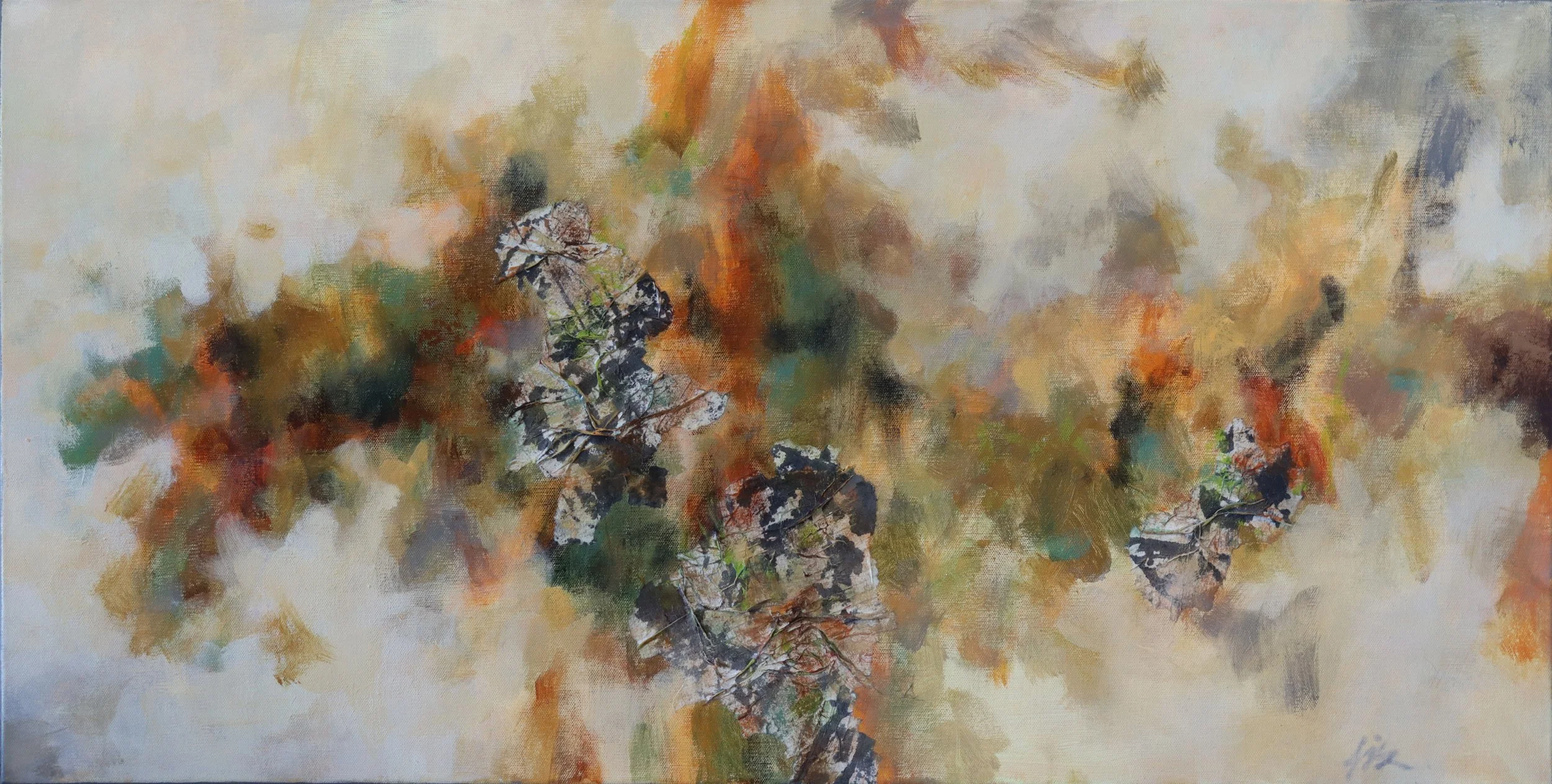 Simon Zhang.
Afterglow, 2018 
acrylic, ink and rice-paper on canvas
18" x 36"
$1,100