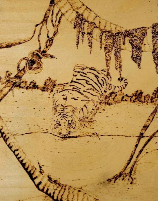 Jadyn Deming.
Jungle Serenity, 2021
pyrography on wood
10" x 8"
$120