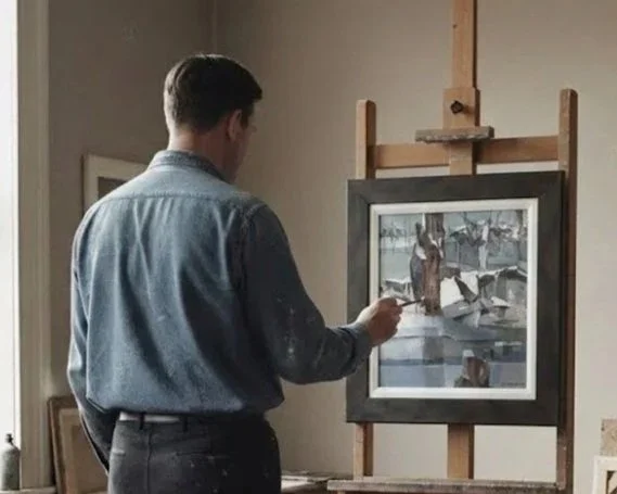 AI generated image of an artist with a Tom Mathews painting who is a Canadian Regional Landscape painter