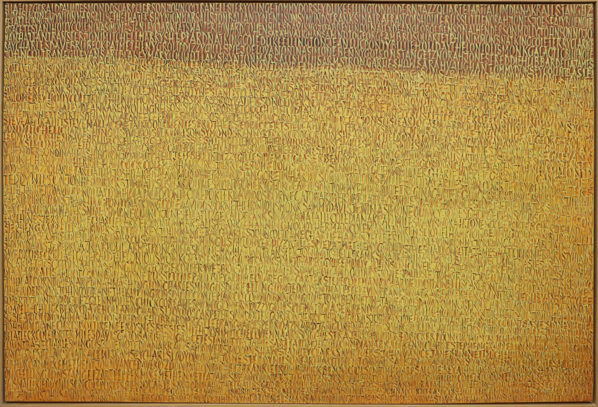 Jaga Jarosiewicz.
Legends in Jazz H2 (From Series Tapestries in Modern Script), 2006
acrylic on canvas
48" x 72"